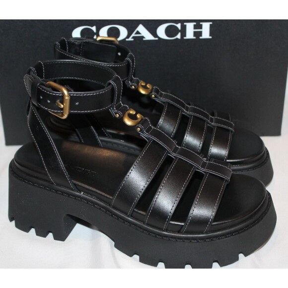Coach Sculpted C Fisherman Platform Sandals Black Leather NIB $250 - Picture 1 of 6